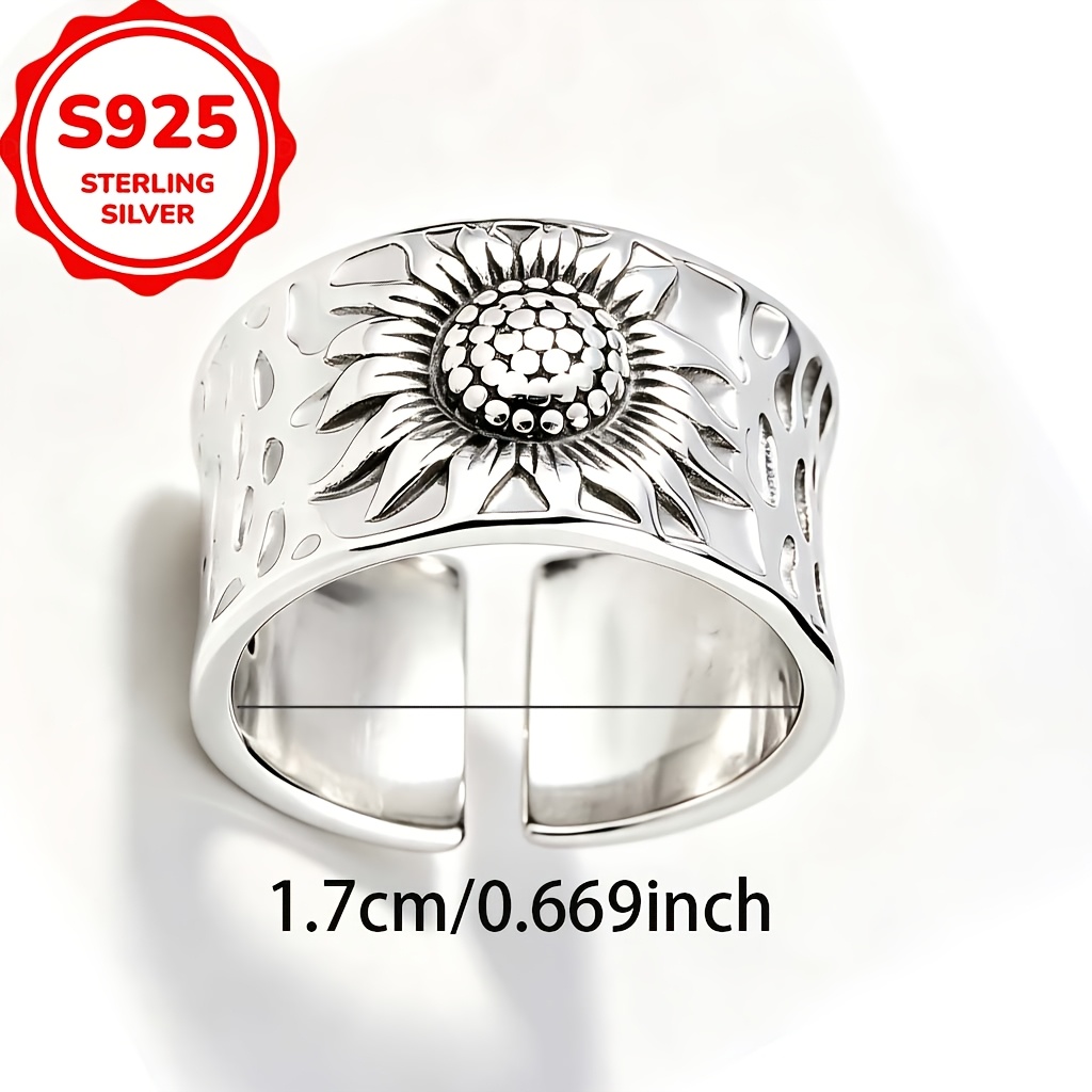 Women's S925 Silver Sunflower Open Ring, Elegant Gift for Couples